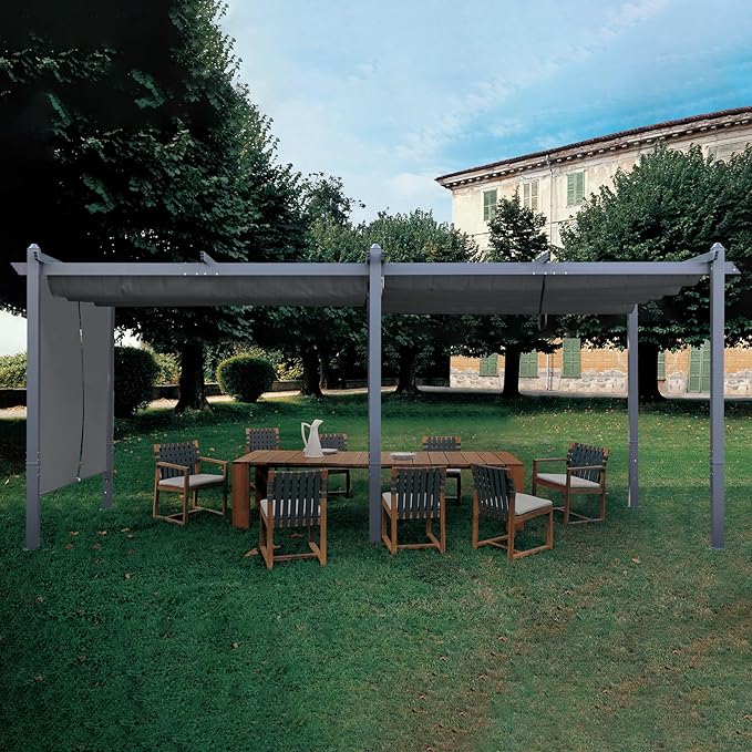BPS 12x20 FT Outdoor Pergola - Retractable Shade Canopy with Aluminum Frame & Roller Shade Curtains for Patio, Backyard, or Deck, Gray