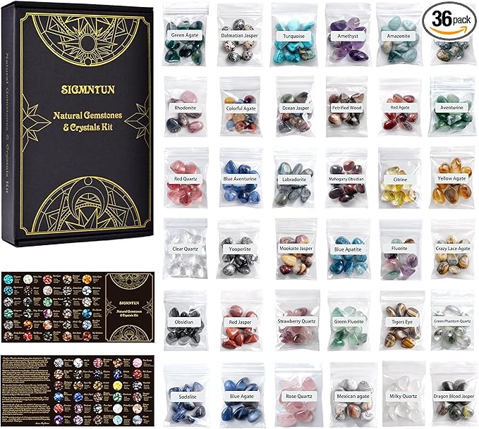 Polished Healing Crystal Stones Set – 36 Different Natural Gemstone Types, 2.5 lbs of 0.5" Tumbled Decorative Rocks Collection for Chakra, Meditation, Reiki, Energy Work, Crafts, Gifts