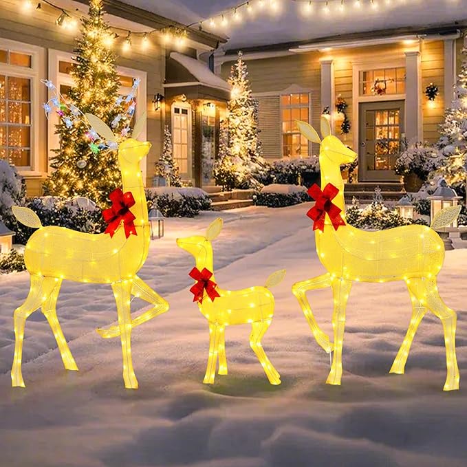 Tangkula 3 Pieces Christmas Lighted Reindeer Family Set, Indoor/Outdoor Christmas Decoration with LED Lights & RGB Flashing Lights, Ground Stakes, Light up Holiday Deer Decoration for Yard Lawn Party