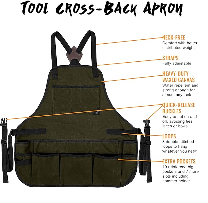 Under NY Sky Tool Apron - 20 Pockets and Slots, Cross-Back, Heavy-Duty Waxed Canvas - Woodwork, Garden, Shop (Green Cross-Back)