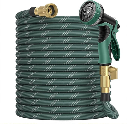 50 ft Garden Hose, 2025 Upgarded Flexible Water Hose 50ft With 10-Pattern Spray Nozzle, Kink-Free, Lightweight, Durable, Leak-Proof Solid Brass Fittings (DarkGreen)