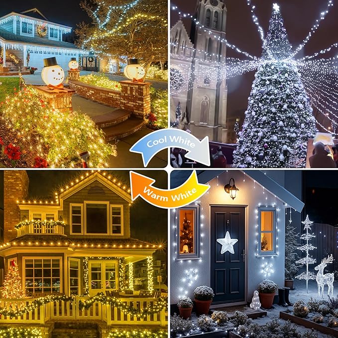 Warm White and Cool White Color Changing Solar String Lights for Outside, 2 Pack 400LED Solar Christmas Lights Outdoor, Waterproof Copper Wire with 8 Modes Twinkle Fairy Light for Tree Christmas Decor