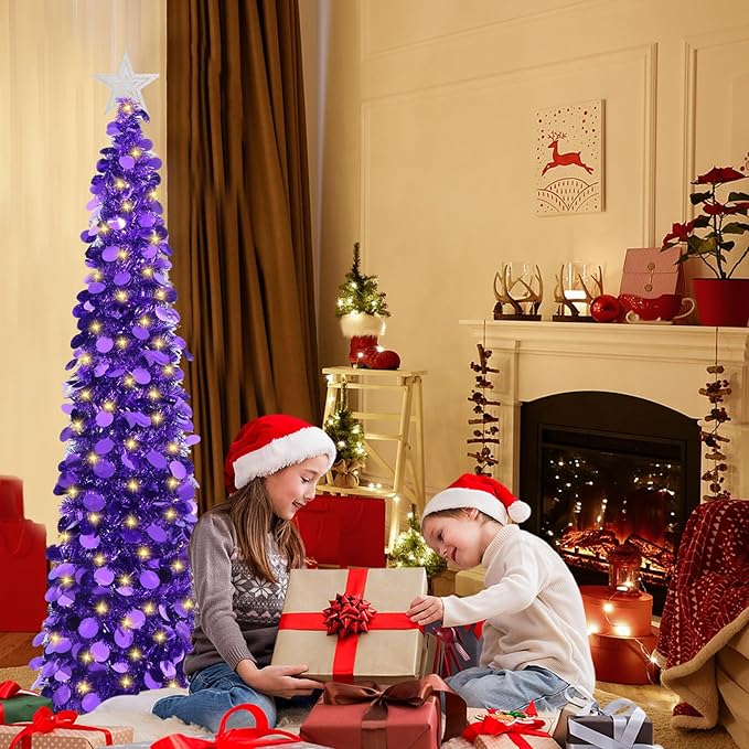 HMASYO 5 FT Pop Up Christmas Tree with Timer Lights, Purple Christmas Tinsel Tree, Collapsible Artificial Pencil Christmas Tree for Indoor Home Apartment Porch Holiday Party Decorations