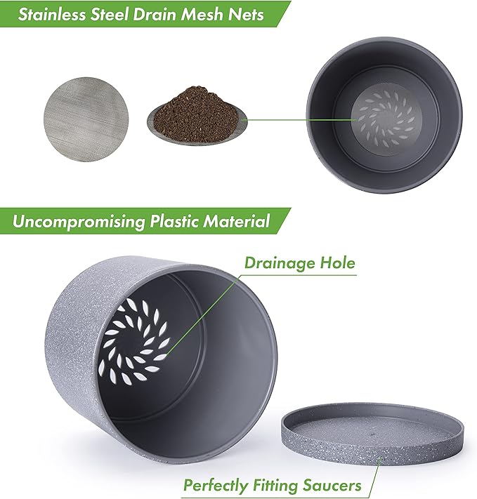 D'vine Dev 8 Inch Plastic Planter Pots for Plant Pot with Drainage Hole and Seamless Saucers, Speckled Gray Color, 74-X-G-1