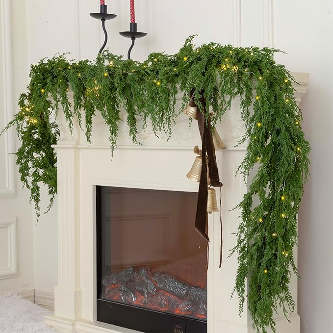 MISSPIN 9ft Christmas Garland with String Lights, Real Touch Cedar Pine Garland, Green Artificial Greenery Garland for Table, Mantle, Wall, Indoor, Outdoor Christmas Decorations