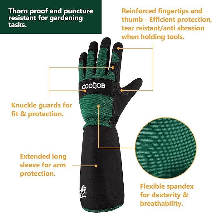 COOLJOB Thorn Proof Rose Pruning Garden Gloves for Men, Long Sleeve Padded Yard Work for Bush, Blackberry, Cactus, Heavy Duty/Puncture Resistant/Machine Washable, Large, Green