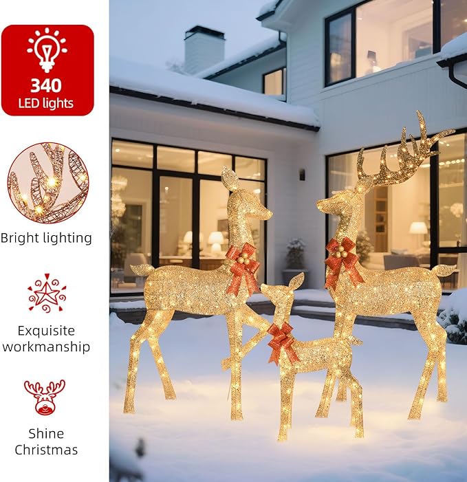 HOYECHI 6.5 FT Oversized Christmas Decorations Outdoor Lighted Reindeer – 3-Piece 3D Deer Family Set with 340 Warm White LED Lights for Yard, Lawn, Garden & Porch Holiday Display - Gold