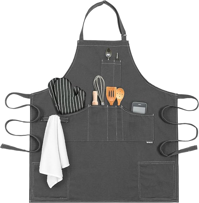 opux Chef Apron for Men, Kitchen Apron with Pockets for Women, Large Unisex Canvas Apron for Cooking Grilling BBQ Baking.