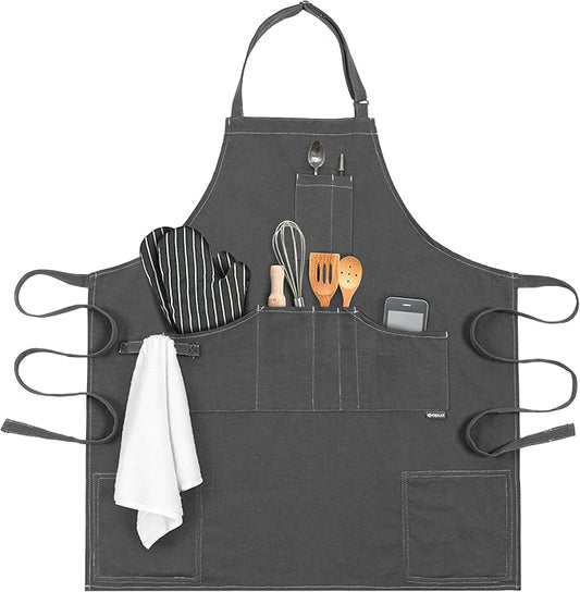 opux Chef Apron for Men, Kitchen Apron with Pockets for Women, Large Unisex Canvas Apron for Cooking Grilling BBQ Baking.