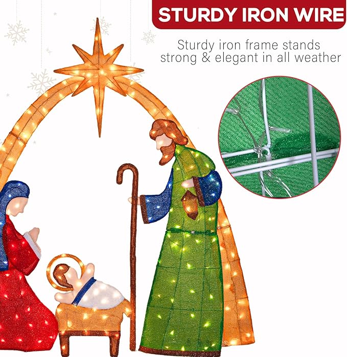 Hykolity 6FT 2.5D Nativity Scene Lighted Outdoor Christmas Decoration, 210 Warm White LEDs with Outdoor Transformer, Stained-Glass Fabric Figures & 5ft Pull Cord, Yard Decor