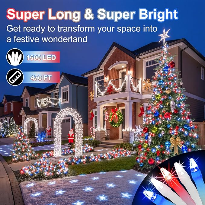 1500 LED 470FT Christmas String Lights Outdoor, 12 Pro Modes and Timer Memory & Brightness, Plug in Waterproof Clear Wire Twinkle Light for for Xmas Yard Tree Wedding Party Decor Red White Blue