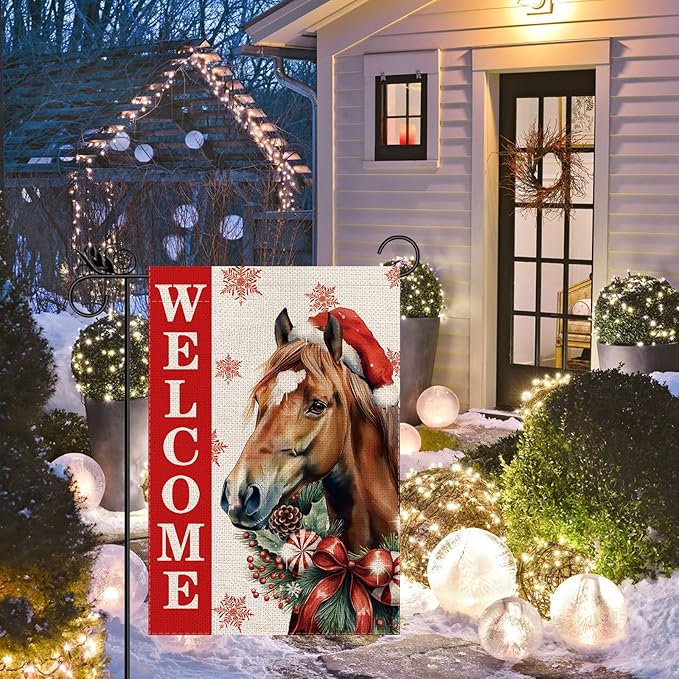 Christmas Garden Flag Welcome Xmas Horse Winter Holiday Decorations Burlap Vertical Double Sided Farmhouse Yard Lawn Outdoor Decor 12.5 x 18 Inch