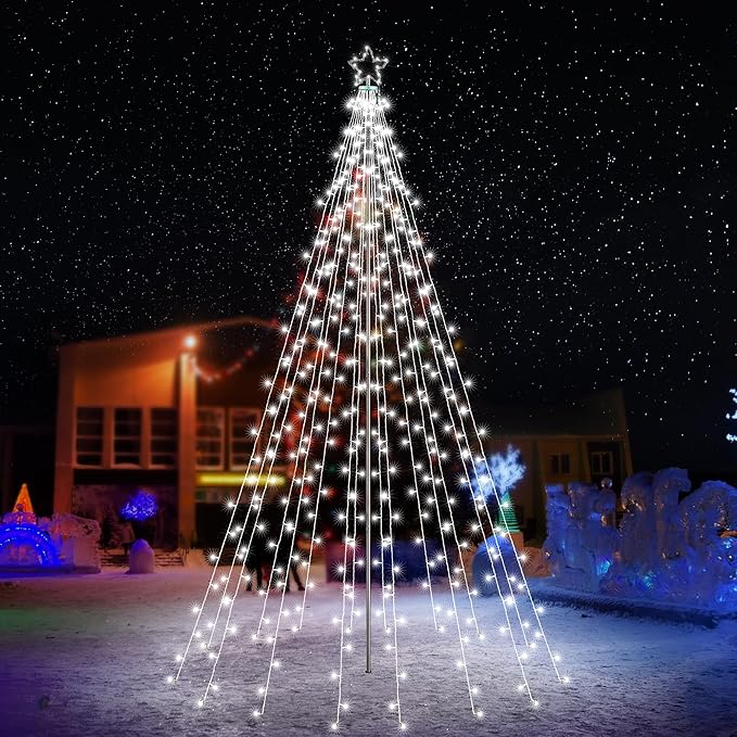 Lomotech Christmas Tree Lights - 10Ft 404 LED with 7.08" Topper, Remote Controll Waterproof Iron Pole Waterfall Lights for Outdoor Christmas Decorations (White)