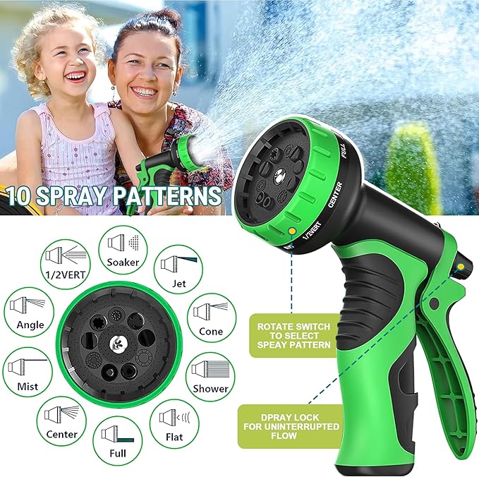 75 ft Garden Hose, 2025 Upgarded Flexible Water Hose 75ft With 10-Pattern Spray Nozzle, Kink-Free, Lightweight, Durable, Leak-Proof Solid Brass Fittings (Black & Green)