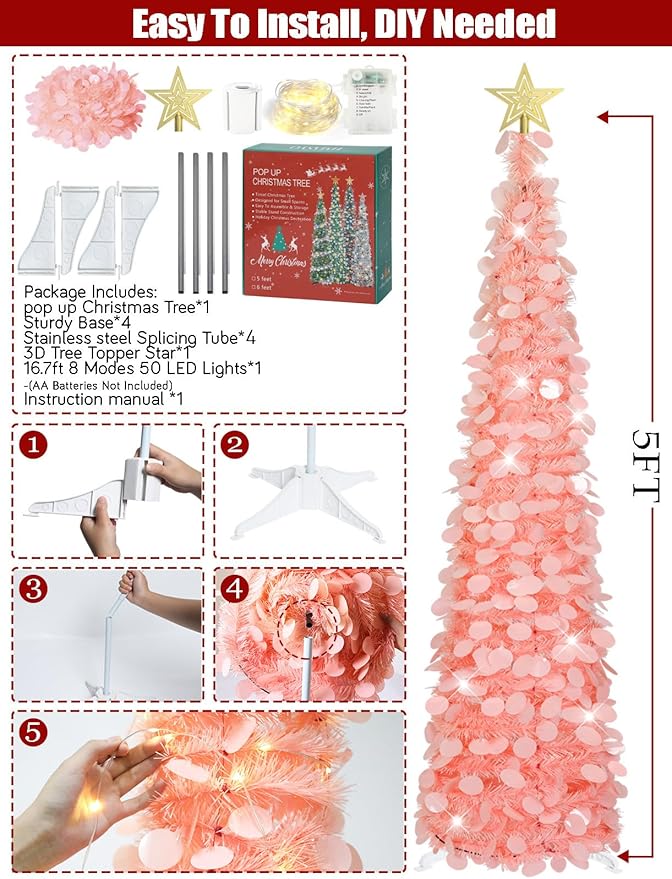 HMASYO 5 FT Pop Up Christmas Tree with Timer Lights, Pink Christmas Tinsel Tree, Collapsible Artificial Pencil Christmas Tree for Indoor Home Apartment Porch Holiday Party Decorations