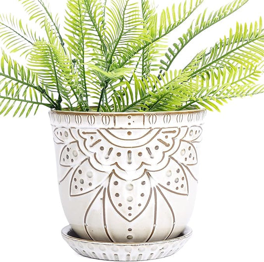 VanEnjoy 5.9 inch Round Bohemian Style Ceramic Planter, Geometry Engrave Off White Brown Planter Flower Pot, Indoor Outdoor Decorative Planter