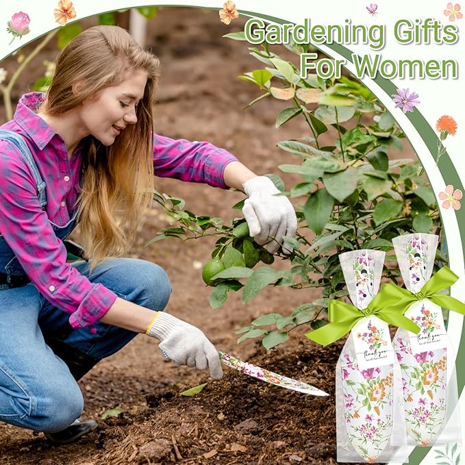 Capoda 12 Sets Floral Garden Shovels Bulk Gardening Gift for Women Mini Garden Tools Heavy Duty Floral Hand Trowels Thank You Cards with Gift Bags for Mom Birthday Teacher Employee(Green,Classic)