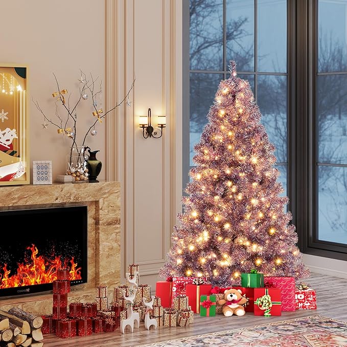 Goplus 6 FT Pre-Lit Tinsel Christmas Tree, Artificial Hinged Xmas Tree with 250 Warm White LED Lights, 8 Modes, 688 Lush Branch Tips, Metal Stand, Home Office Seasonal Holiday Decoration, Purple