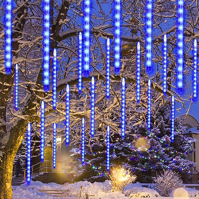 24 Tubes Meteor Shower Lights, Outdoor Icicles Christmas Decor, 12 Inch 864 LED Snow Falling Connectable Raindrop Lights, Xmas Wedding Party Tree Holiday Decoration, Blue