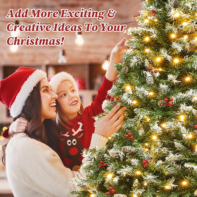 7.5ft Prelit Spruce Artificial Christmas Tree, Full Prelighted Xmas Tree Partially Flocked, 550 LED Lights, 1398 Branch Tips, 82 Pinecones, 82 Berries, Foldable Base, Holiday Decoration