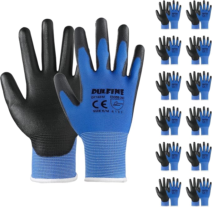 Safety Work Gloves PU Coated-12 Pairs,Blue Seamless Knit Glove with Polyurethane Coated Smooth Grip on Palm & Fingers, for Men and Women, Ideal for General Duty Work (Extra Large)