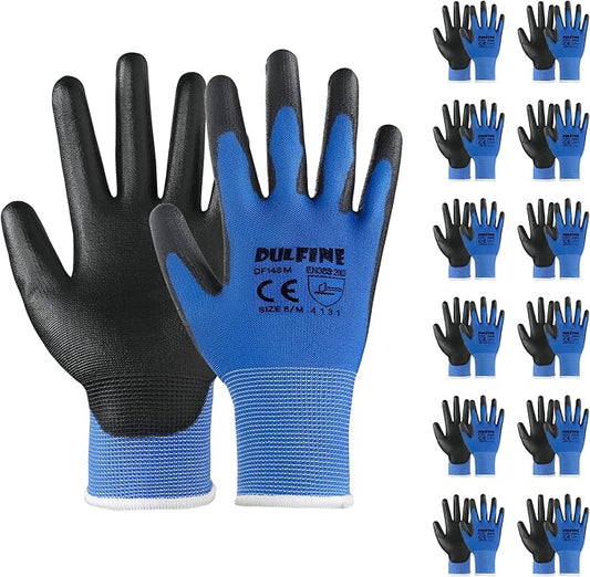 Safety Work Gloves PU Coated-12 Pairs,Blue Seamless Knit Glove with Polyurethane Coated Smooth Grip on Palm & Fingers, for Men and Women, Ideal for General Duty Work (Extra Large)