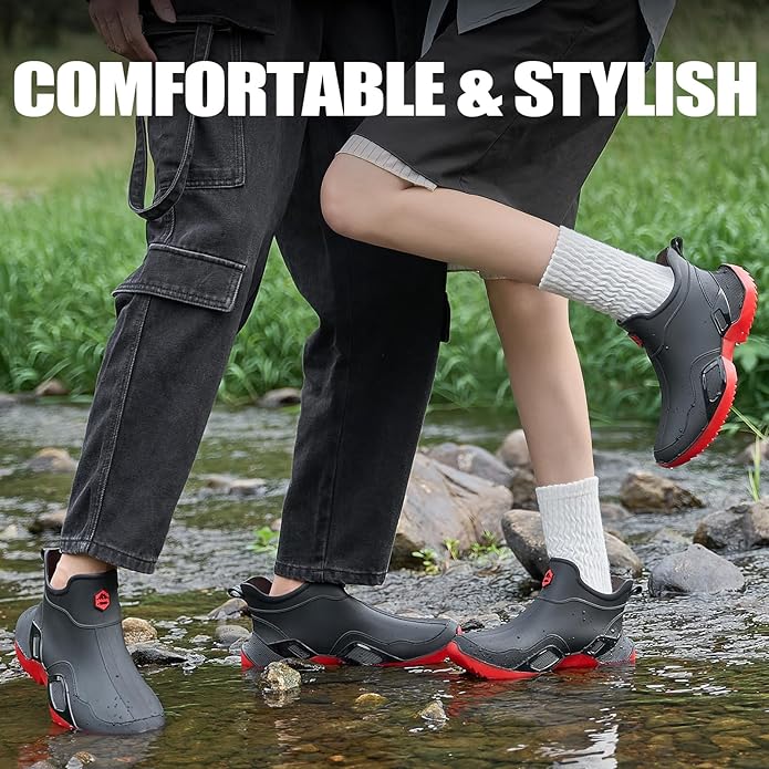 Women's Ankle Rain Boots - Slip On Waterproof Festival & Garden Shoes for Men - Comfortable Lightweight Rubber Wellies with Decorative Buckle