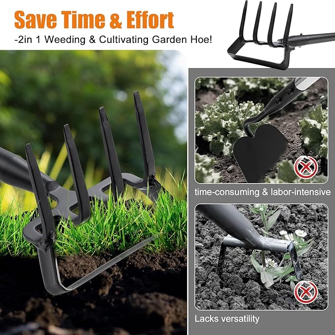 Dual Function Hoe Garden Tool - 36-82” Extra Long Handle Lightweight Stirrup Hula Hoe for Easy Weeding, Carbon Steel Sharp Blade & 4 Tine Rake for Gardening