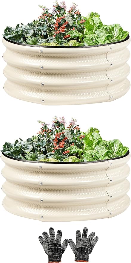 2 Pcs 2x2X1 FT Round Galvanized Raised Garden Bed Kit, White Outdoor Planter Garden Bed, Metal Raised Box for Vegetables, Fruits, Flowers & Herbs