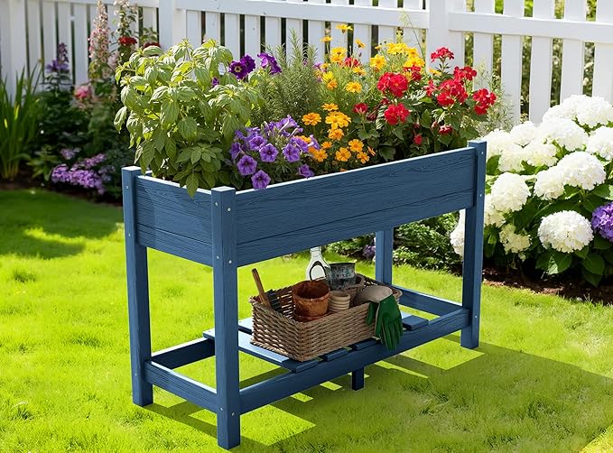 SERWALL Raised Garden Bed, HDPE Raised Bed for Gardening All Weather Use- Blue