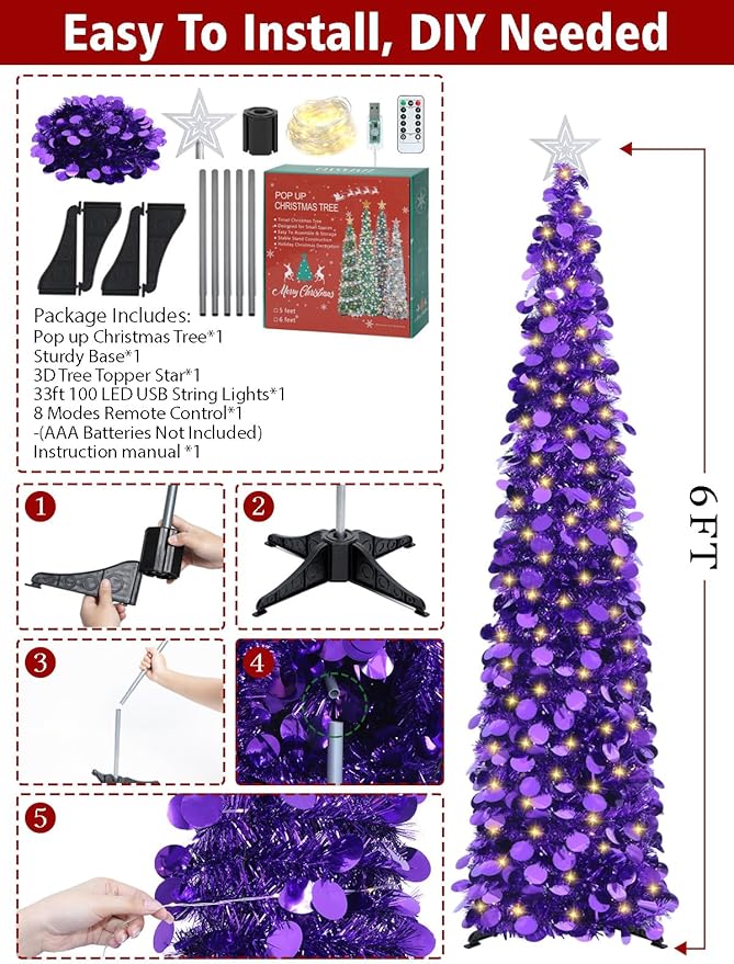 HMASYO 6 FT Pop Up Christmas Tree with 100 LED Lights & Remote, Purple Christmas Tinsel Tree, Collapsible Artificial Pencil Tree for Home Office Party Decor, USB Powered Timer Lights, Easy Assembly