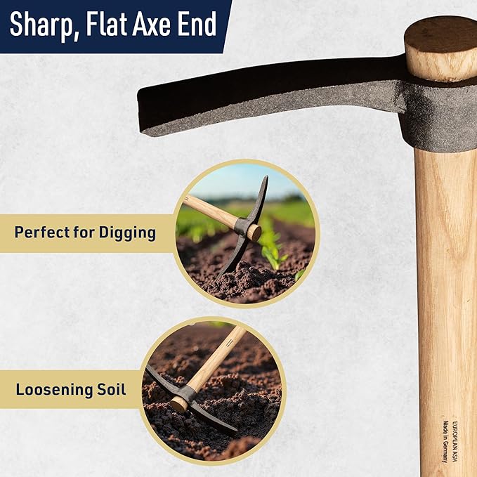 16” Hand Pick Axe - Forged Steel Pickaxe for Digging, Loosening Soil, or Weeding Tool - Dual Headed Adze Garden Hoe and Pick Mattock Digging Tool with Wood Handle by Kings County Tools