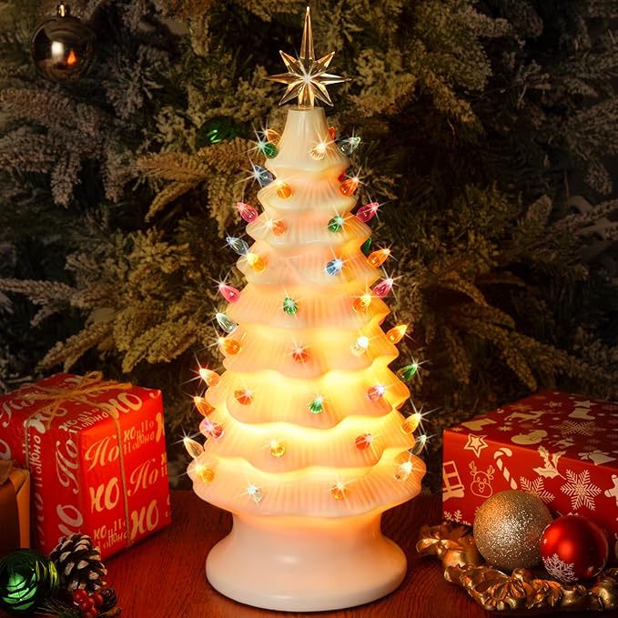 Lakumu 16.5" Table Top Christmas Tree, Hand Painted Resin Christmas Tree with Lights, Pre-lit Xmas Tree Decor Lighted Tabletop Decoration with Multicolored LED Bulbs, Ceramic-Like Finish, White