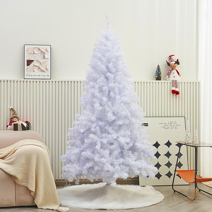 Juegoal 6 FT Artificial Christmas Tree (NOT Pre-Strung) with Remote Control, 300 LED Warm White & Multicolor Changing Lights, Fake Xmas Pine Tree with Metal Legs, 850 Branch Tips, White