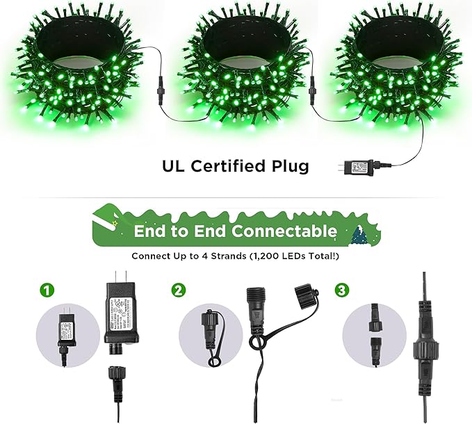 WBao Christmas Lights Indoor Outdoor 300LED 108ft, Super Bright LED Christmas String Lights with UL Certified, 8 Light Modes, Timer, Connectable & Waterproof for Trees, Patio, Xmas Party Decor, Green