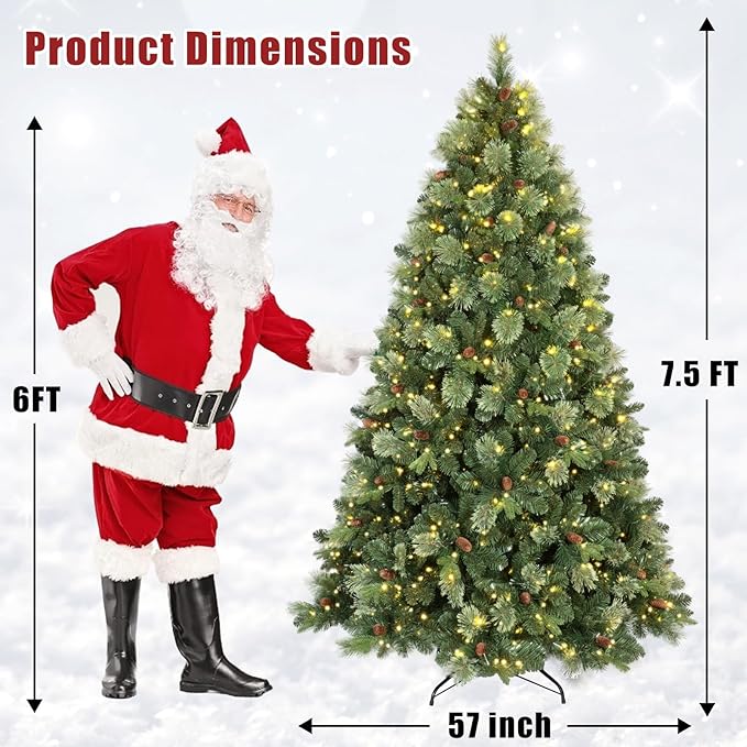 Kadunmina 7.5ft Prelit Christmas Tree, Artificial Carolina Pine Christmas Tree with 750 Warm White Lights, Pine Cones, 1645 Branch Tips and Metal Stand for Home, Office, Holiday Party Decoration