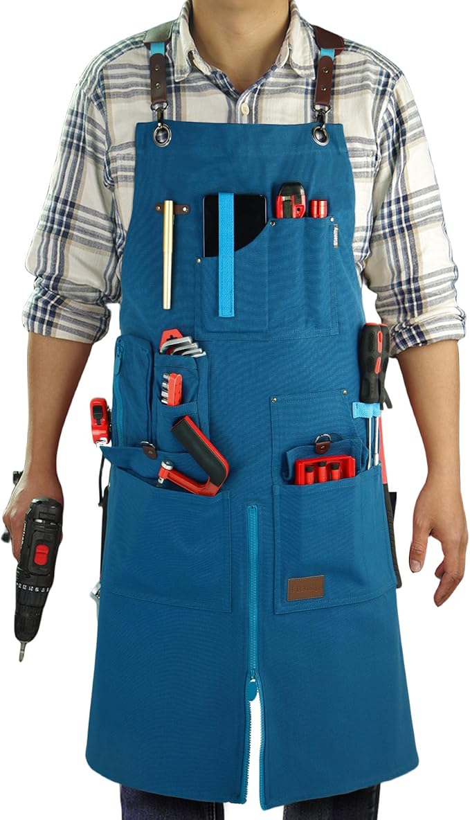 Woodworking Apron, Tool Apron, Canvas, Multiple Pockets, Adjustable Zipper, Metal Ring, Tape Measure Clip, Plus Size, Blue