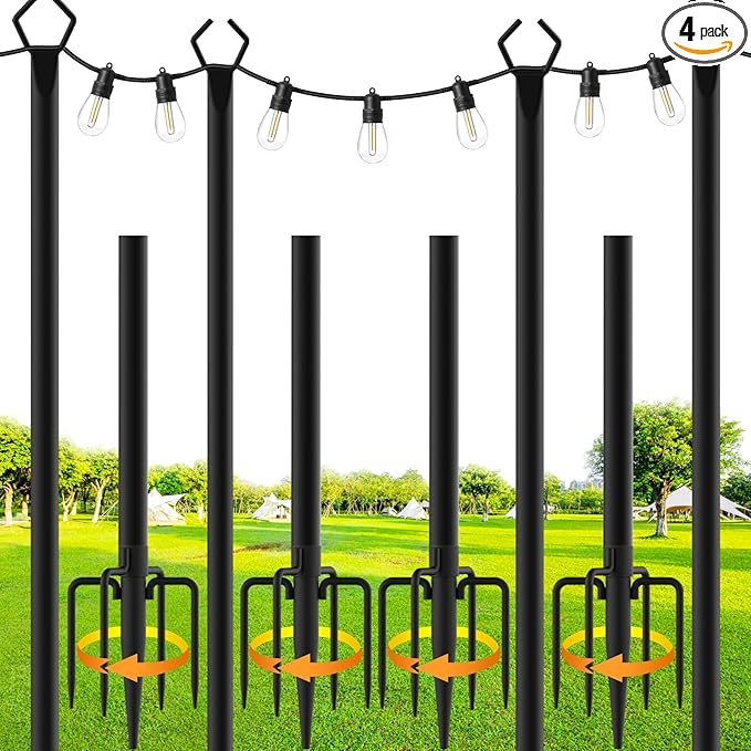 SINLEY 4 Pack String Light Poles,10 Ft Metal Poles with Fork for Outdoor String Lights,Outdoor Light Poles with Fork,Poles/Post/Stand for Outside,Patio,Deck,Backyard,Garden Wedding,Party