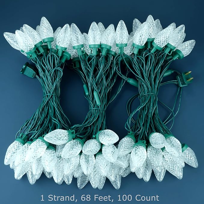 YULETIME Cool White C9 Strawberry LED Christmas Lights, 68 ft 100 Count 8" Spacing Waterproof Holiday String Light (Cool White - C9)