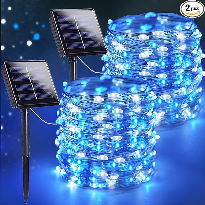 Extra-Long 144FT Solar String Lights for Outside, 2 Pack 400LED Solar Christmas Lights Outdoor, Waterproof Copper Wire with 8 Modes Twinkle Fairy Lights for Tree Party Christmas Decor (Blue and White)