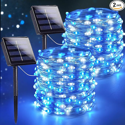 Extra-Long 144FT Solar String Lights for Outside, 2 Pack 400LED Solar Christmas Lights Outdoor, Waterproof Copper Wire with 8 Modes Twinkle Fairy Lights for Tree Party Christmas Decor (Blue and White)