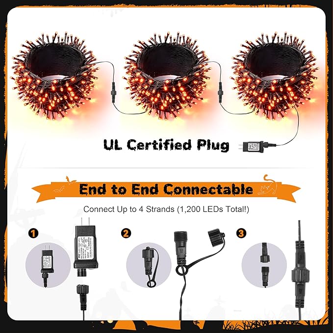 WBao Halloween Lights 300LED 108ft, Super Bright LED Orange String Lights with UL Certified, 8 Lighting Modes, Timer, Connectable, Memory & Waterproof for Indoor Outdoor Halloween Decor