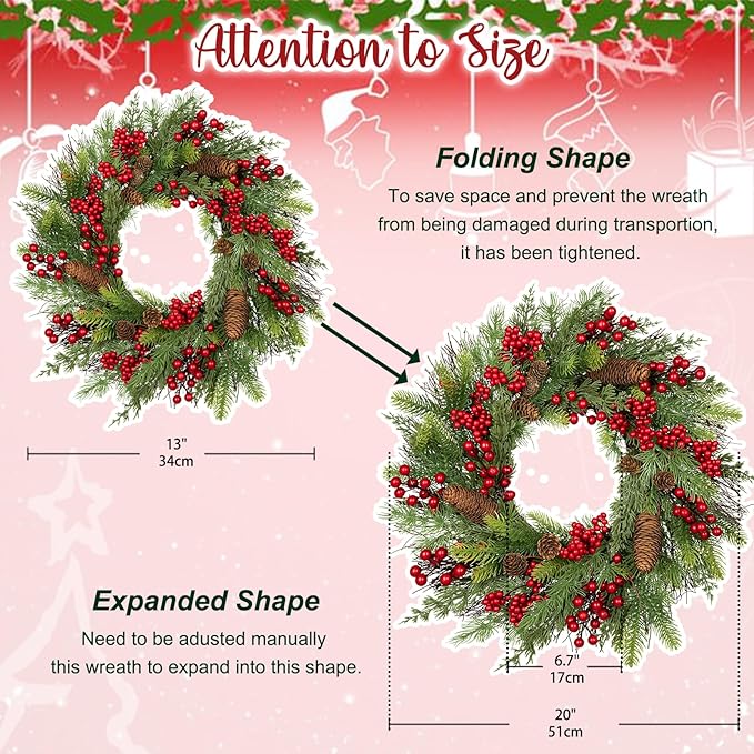 20 inch Christmas Wreath, Christmas Wreath for Front Door Christmas Door Wreaths with Red Berries Pine Cones Cedar Leaves Aritificial Wreath for Christmas Indoor Outdoor Decorations