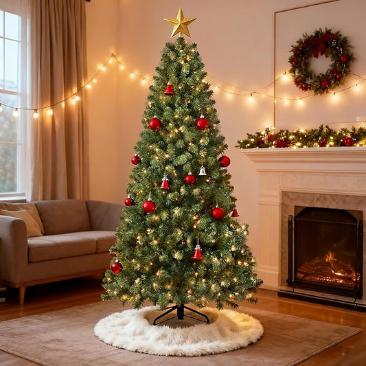 7ft Per-Lit Artificial Christmas Tree with 400 Warm White Lights, Premium Full Hinged Prelight Christmas Tree with 1072 Steel Branch Tips, Green Xmas Tree for Easy Holiday Setup,Foldable Base