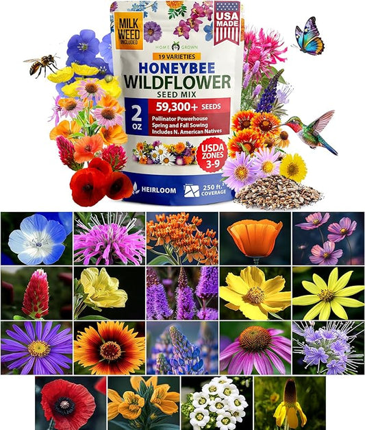 HOME GROWN Premium Wildflower Seeds Bulk Mix (2oz) - 59,300+ Seeds with 19 Varieties for Pollinators - Wild Flower Seed for Bees, Butterflies - Perennial & Annual Throw and Grow Seed Mix