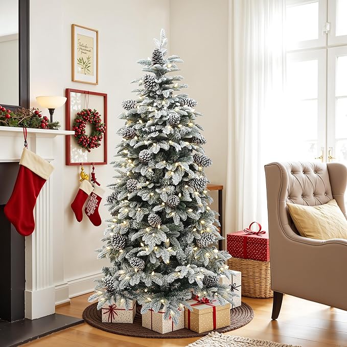 LuxenHome 6FT Christmas Tree with Lights, Flocked Artificial Christmas Tree with 8 Lighting Functions, 250 LED Lights, Pine Cone, Prelit Xmas Trees for Indoor and Outdoor Holiday Decor