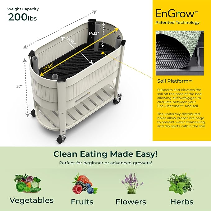 Permasteel Raised Garden Bed with Legs, 40×20×37 in, Planter Box with EnGrow™ TrueSoil™ Technology for Vegetables, Flowers, Herbs, and Fruit, Outdoor Indoor, Storage Shelf, Ivory