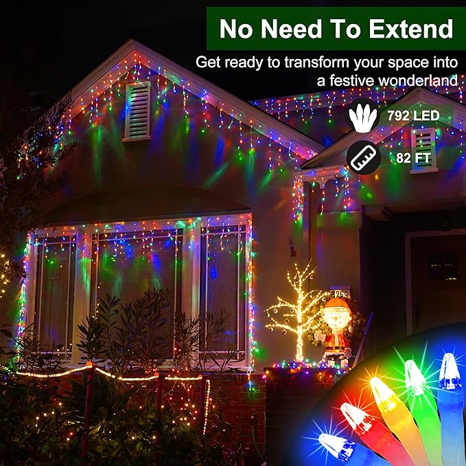 792 LED Christmas Lights with 176 Drops,82ft 8 Modes Fairy Hanging String Lights with Timer Waterproof, Plug-in Christmas String Lights for Holiday Wedding Party Christmas Decorations (Multicolor)