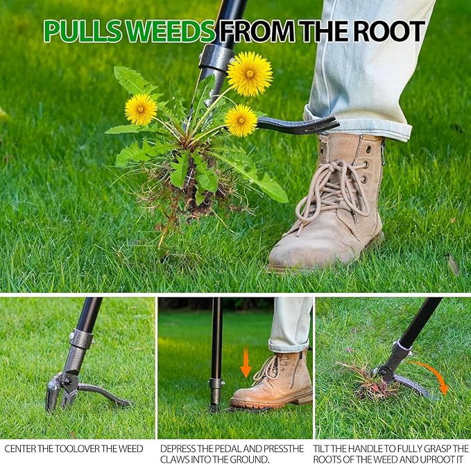 Weed Puller Tool, Heavy-Duty Weeder 3-Section Steel Stand Up Weed Puller, 46" Adjustable Handle Weeding Tool for Effortless No Bending Root Removal of Dandelions, Thistles & Crabgrass