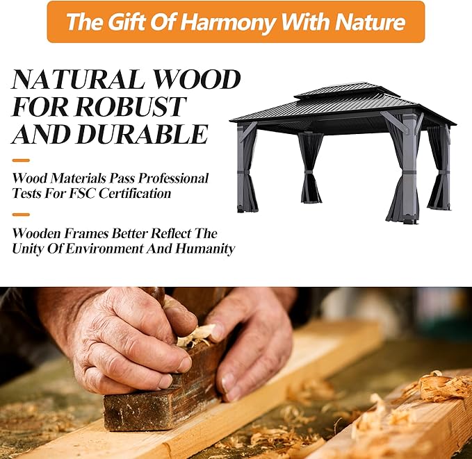 GARTOO 12' x 16' Outdoor Wood Gazebo - Permanent Wooden Hardtop Gazebo Pavilion with Double Curtains, Galvanized Steel Roof Cedar Wood Gazebos for Poolside, Garden, Lawn, Backyard Deck